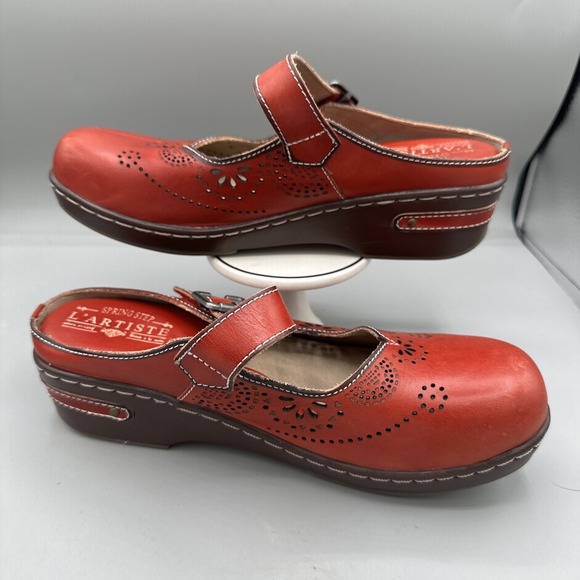 L'artiste Shoes - L'Artiste Clogs Women 8.5  39 Aneria Red Mary Jane Slip On Laser Cut Comfort